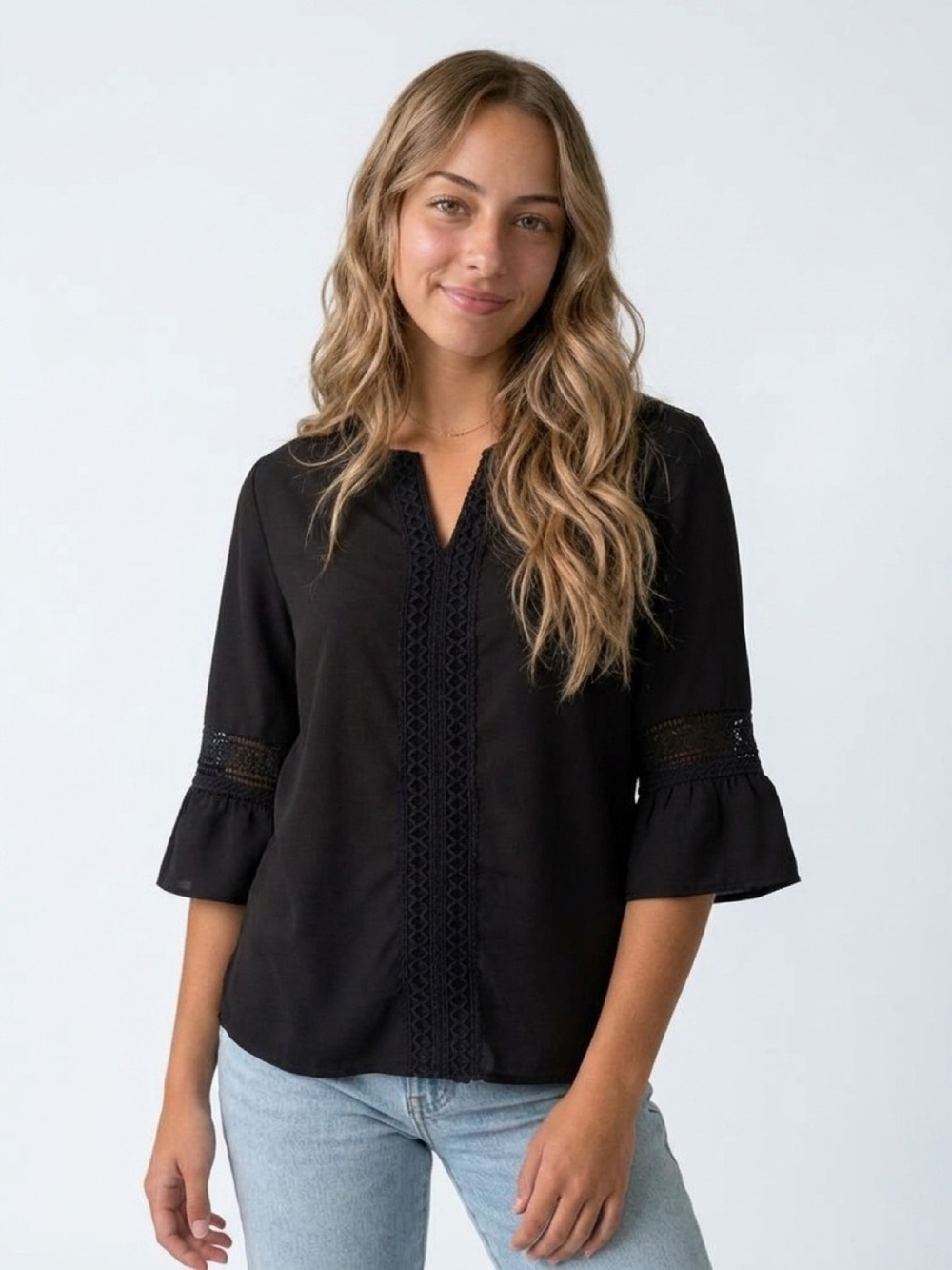(C) Wonder Women's Black V-Neck Crochet Trim Blouse Size M